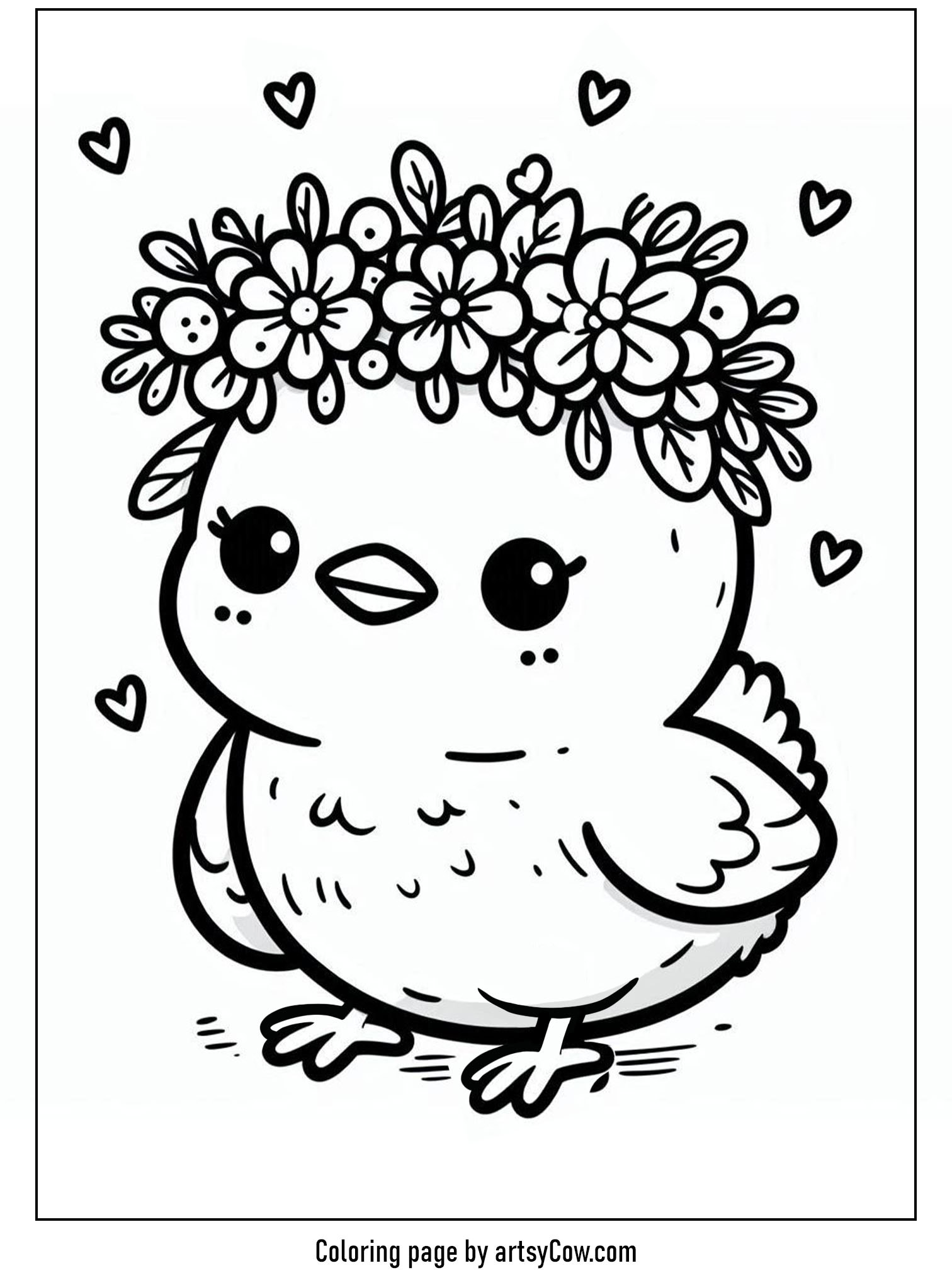 Easter chick coloring pages with a cute chick wearing a flower crown surrounded by small hearts.